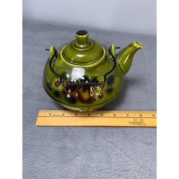 Vintage Green Ceramic Teapot with Floral Relief & Wire Handle 1970s - Picture 8 of 10